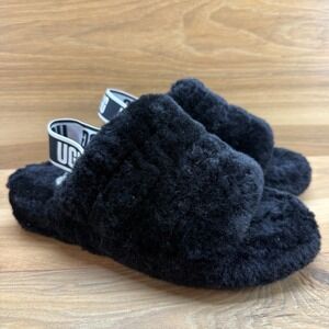 UGG Womens Slippers Size 8 Black Fluff Yeah Shearling Fur Slingback Slip On